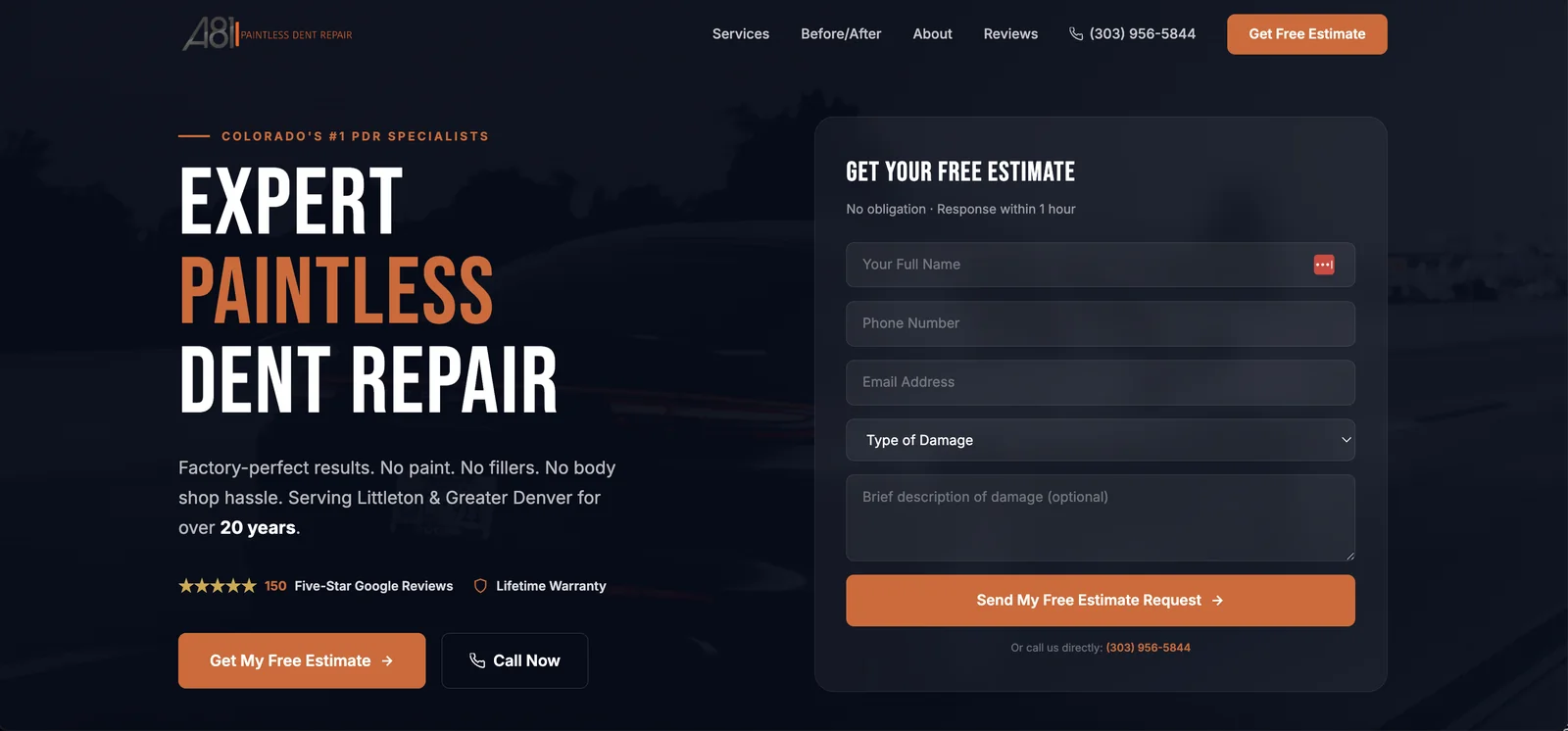 Landing page de A81 Dent Repair construite par Outgrow, avec formulaire de soumission gratuite