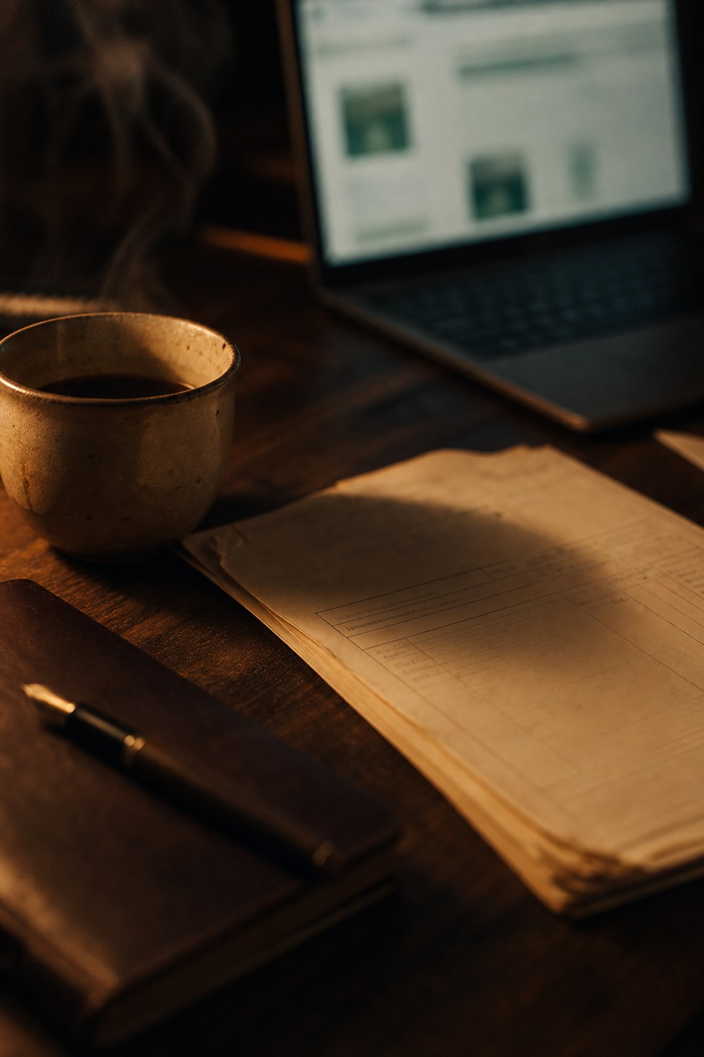 A steaming ceramic coffee cup, fountain pen on a leather notebook, and softly blurred laptop on a wooden desk in warm tungsten light