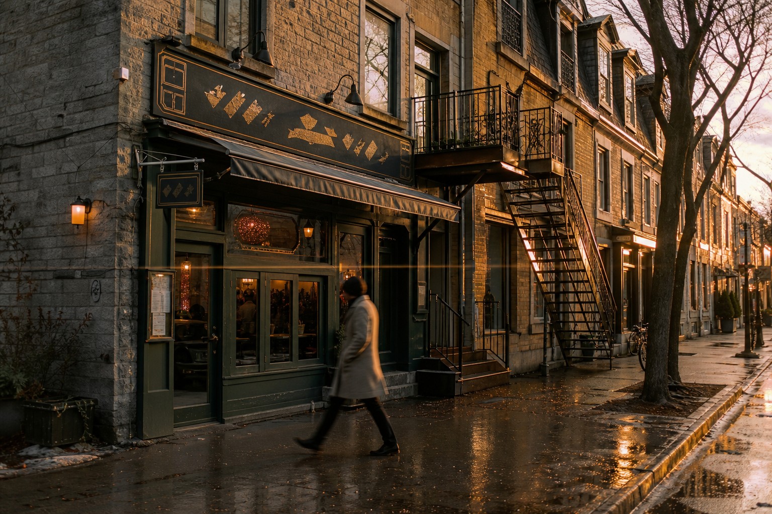 Bilingual French and English bistro storefront on a wet Montreal street at golden hour, with wrought-iron exterior staircases and ochre brick