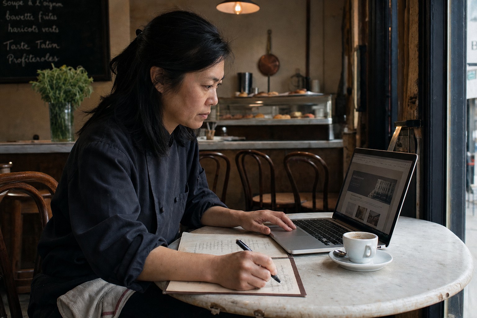 Chinese-Canadian bistro owner writing notes at a marble table in her Mile-End restaurant during the afternoon lull, with her laptop open beside her